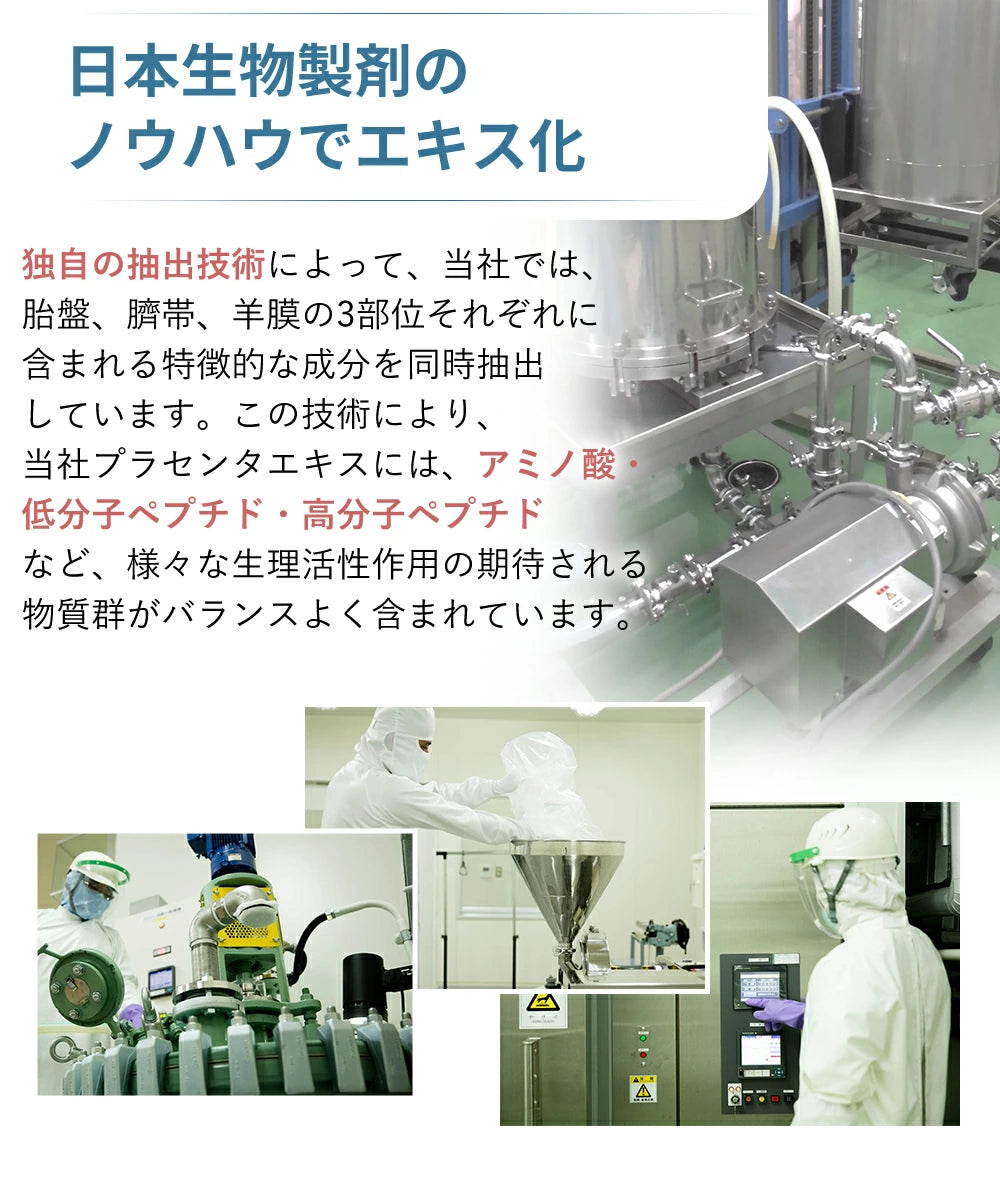 当社では、胎盤・臍帯・羊膜の3部位それぞれに含まれる特徴的な成分を同時抽出しています。この技術により、当社プラセンタエキスには、アミノ酸・低分子ペプチド・高分子ペプチドなど、様々な生理活性作用の期待される物質群がバランスよく含まれています。