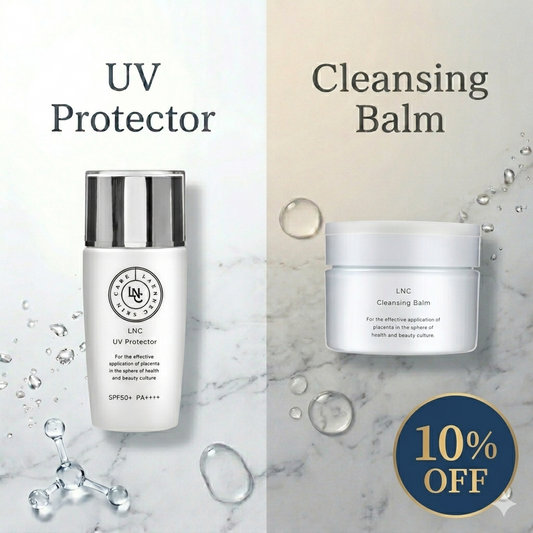 LNC UVプロテクターとクレンジングバームの10%OFF限定セット。日中の紫外線対策と夜の毛穴・メイク落としがセットになったJBP公式オンラインショップ限定キャンペーン。