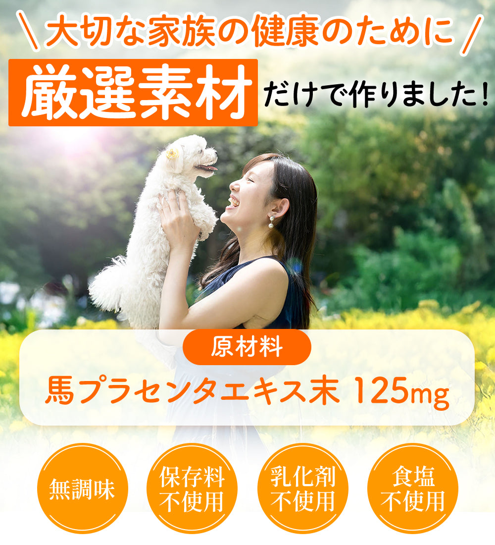 原材料は馬プラセンタエキス末125㎎ 無調味 保存料不使用 乳化剤不使用 食塩不使用