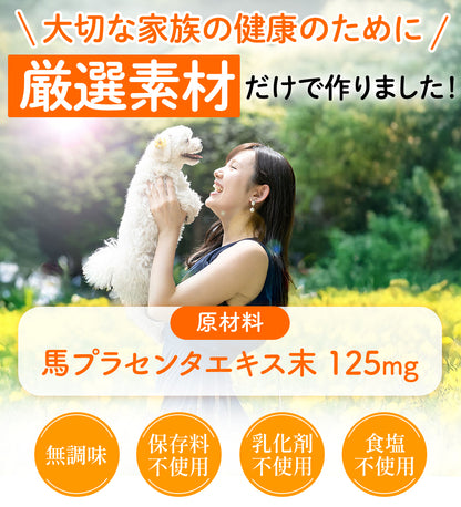 原材料は馬プラセンタエキス末125㎎ 無調味 保存料不使用 乳化剤不使用 食塩不使用